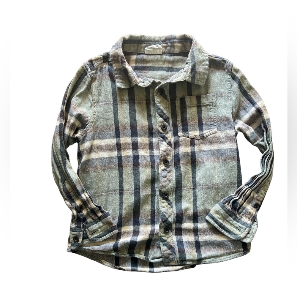 Cotton On Kids Boys Green and Grey Plaid Flannel Button Down | 5